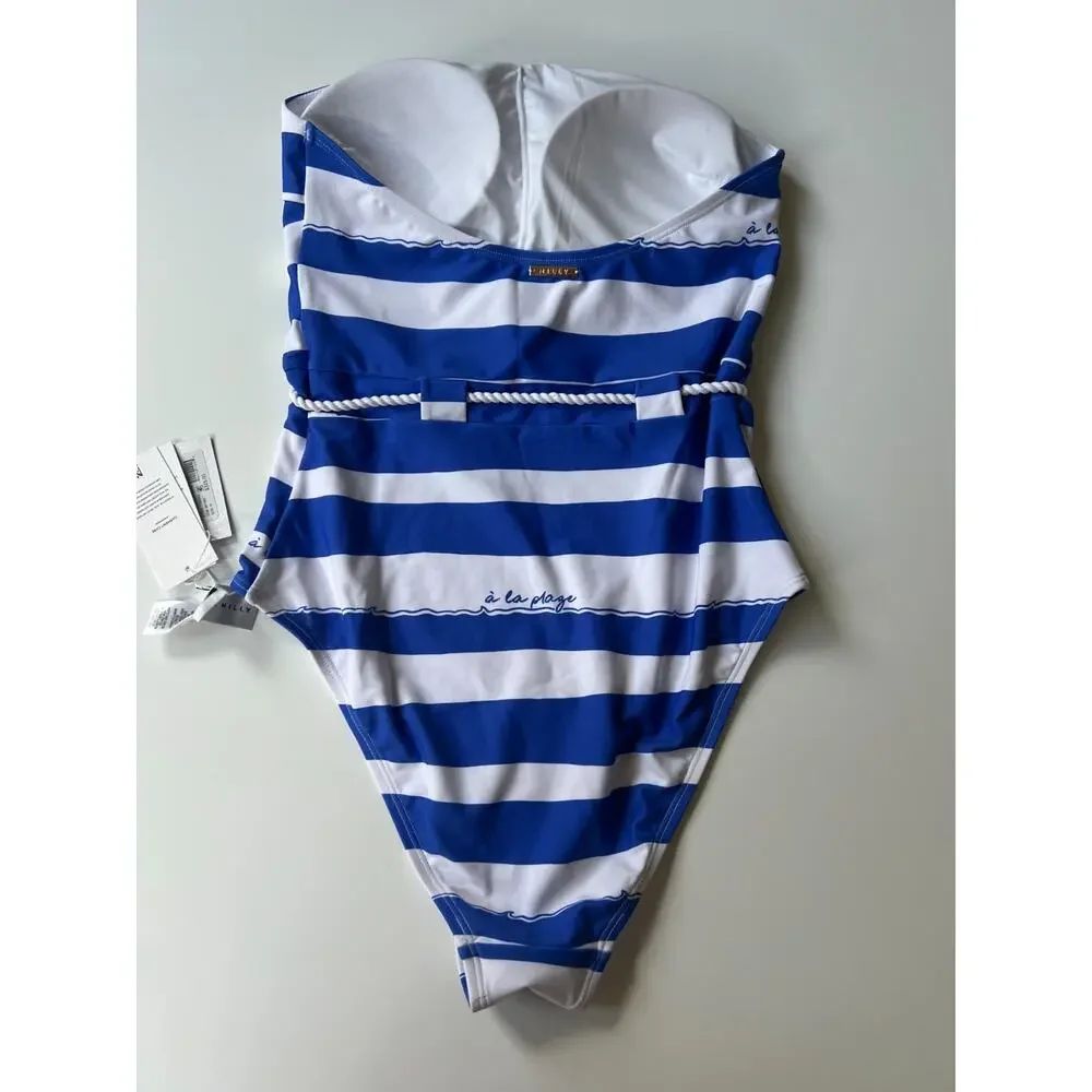 Milly A La Plage Belted One Piece Swimsuit Blue White Size M New - Picture 2 of 16